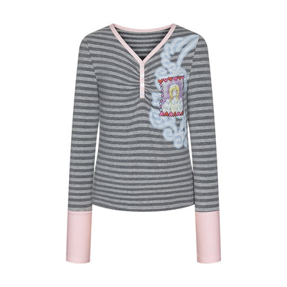 BETWEENAND_Striped_Splice_Print_Hotfix_V-neck_Women&