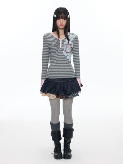 BETWEENAND Striped Splice Print Hotfix V-neck Women&