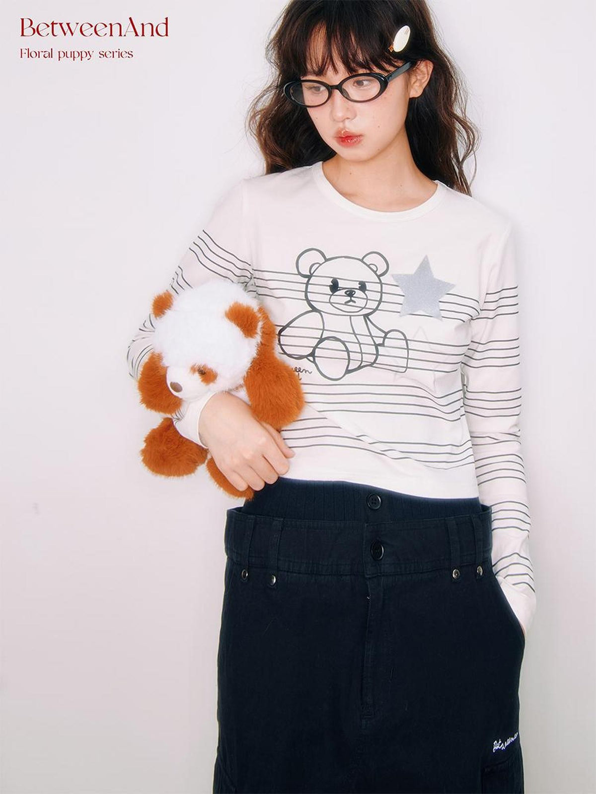 BETWEENAND Striped Star Bear Print Women&