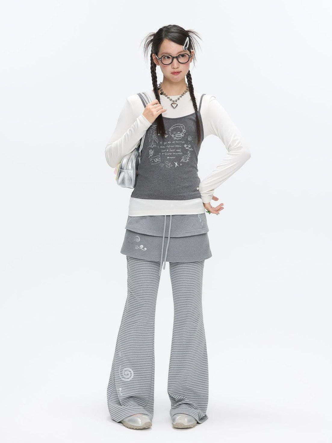 BETWEENAND Striped Tiered Printed Micro Flare Women&