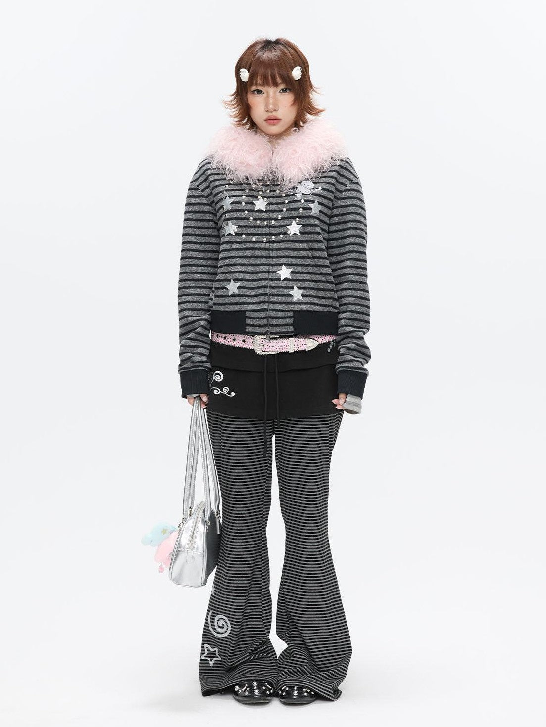 BETWEENAND Striped Tiered Printed Micro Flare Women&