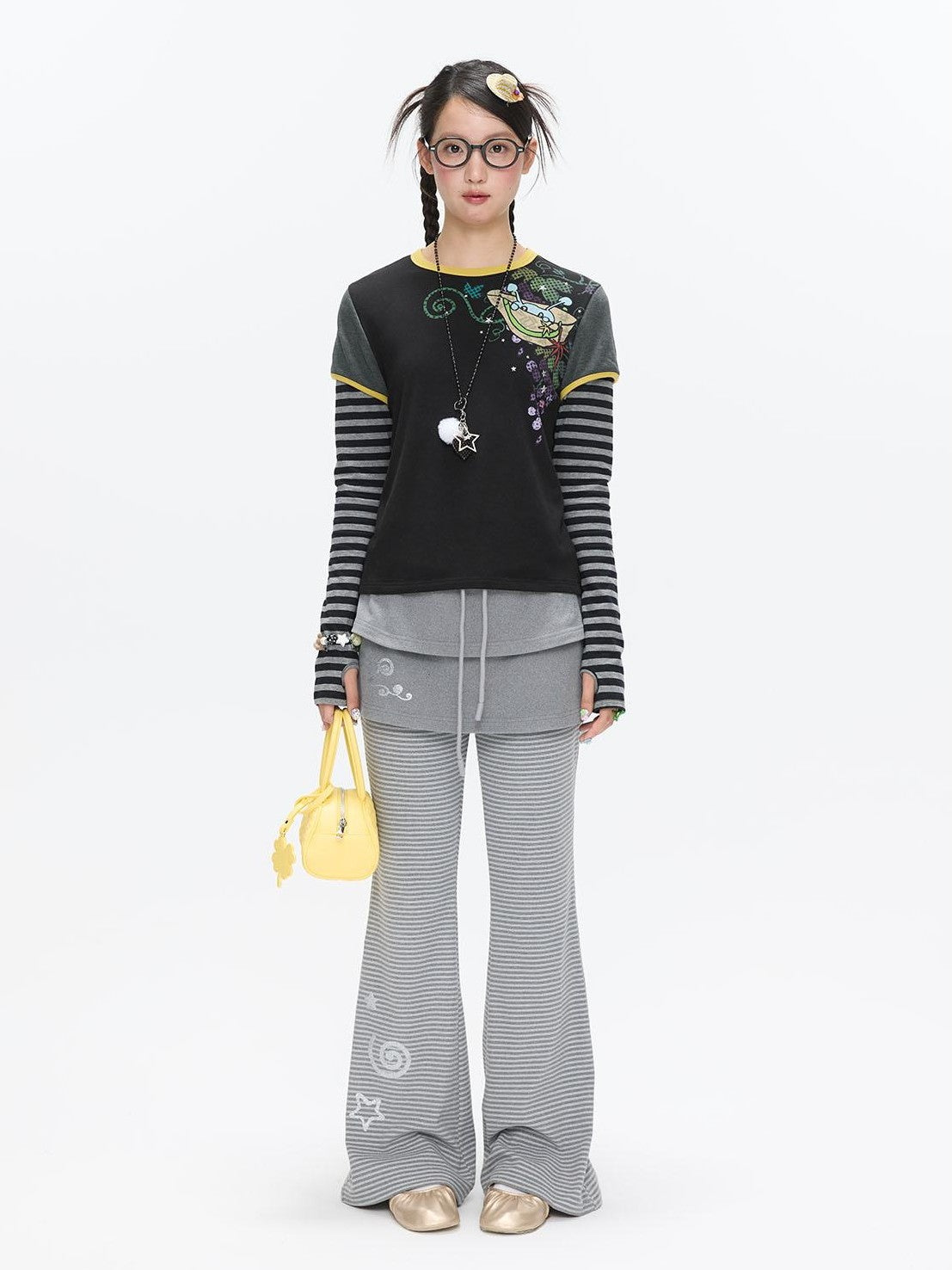 BETWEENAND Striped Tiered Printed Micro Flare Women&