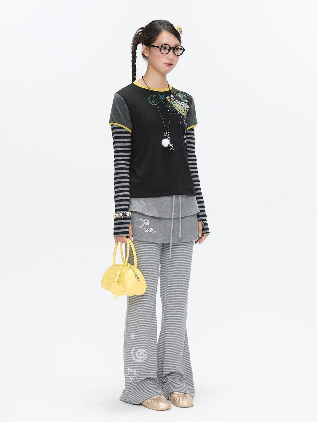 BETWEENAND Striped Tiered Printed Micro Flare Women&