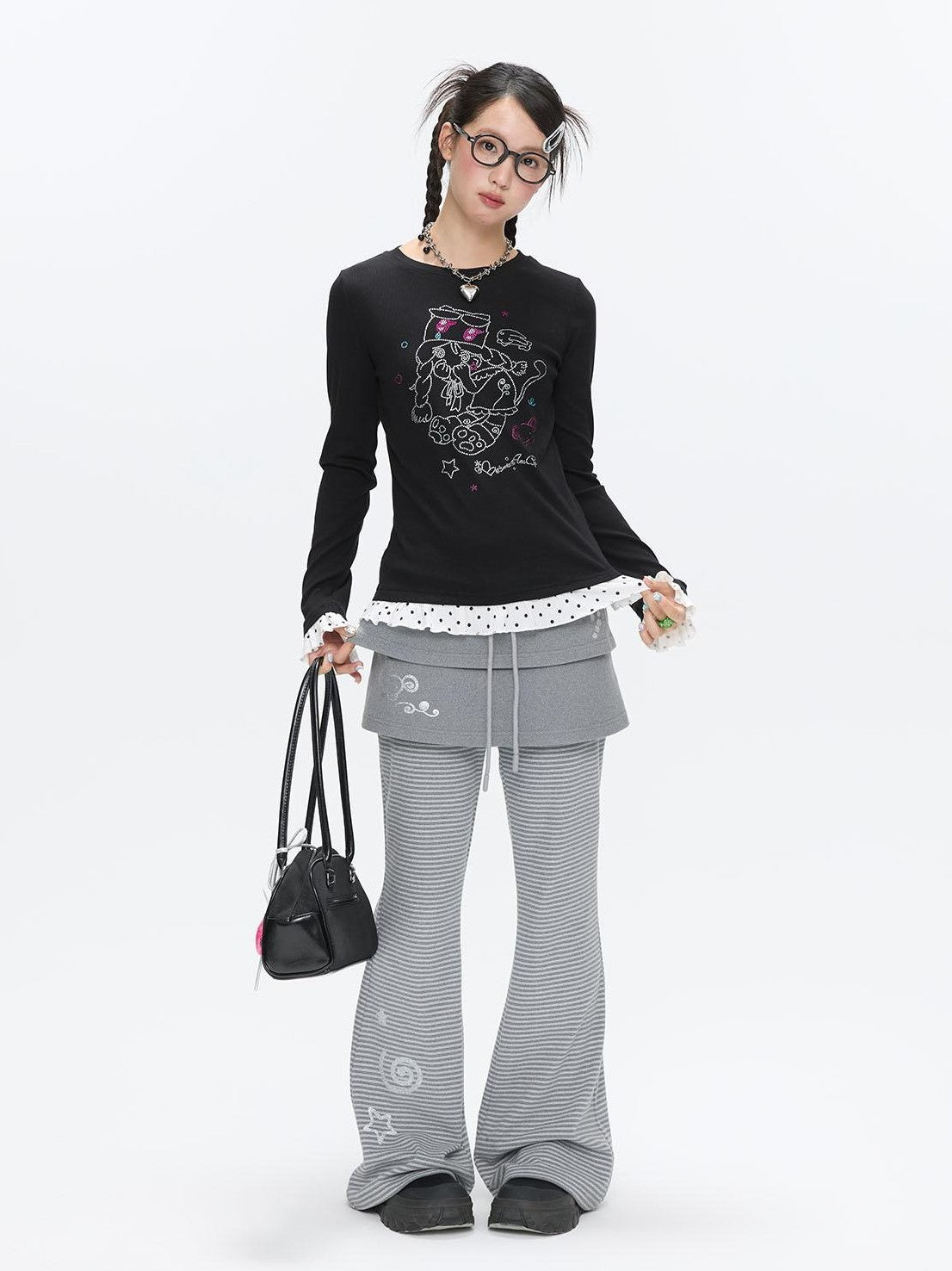 BETWEENAND Striped Tiered Printed Micro Flare Women&