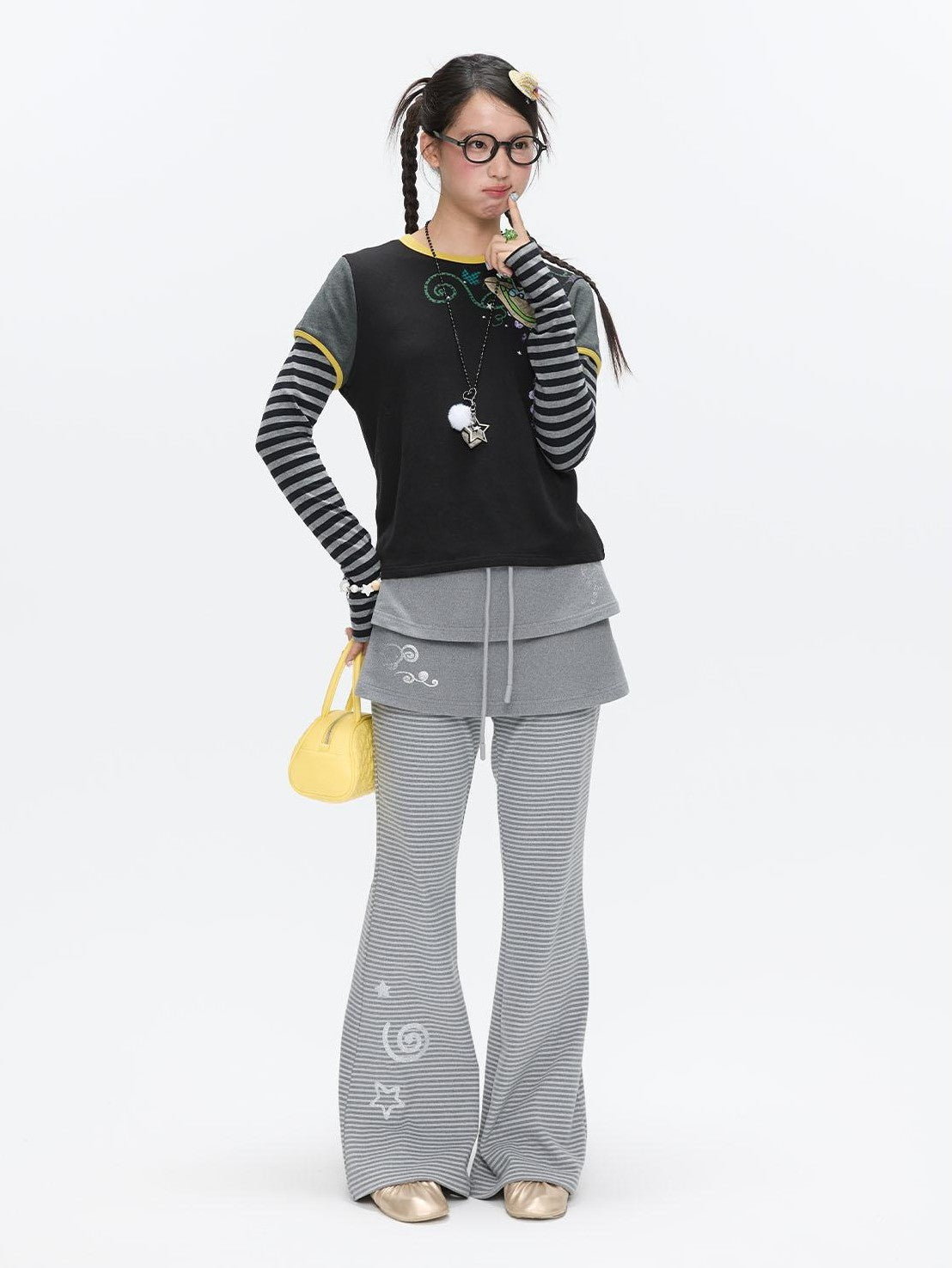 BETWEENAND Striped Tiered Printed Micro Flare Women&
