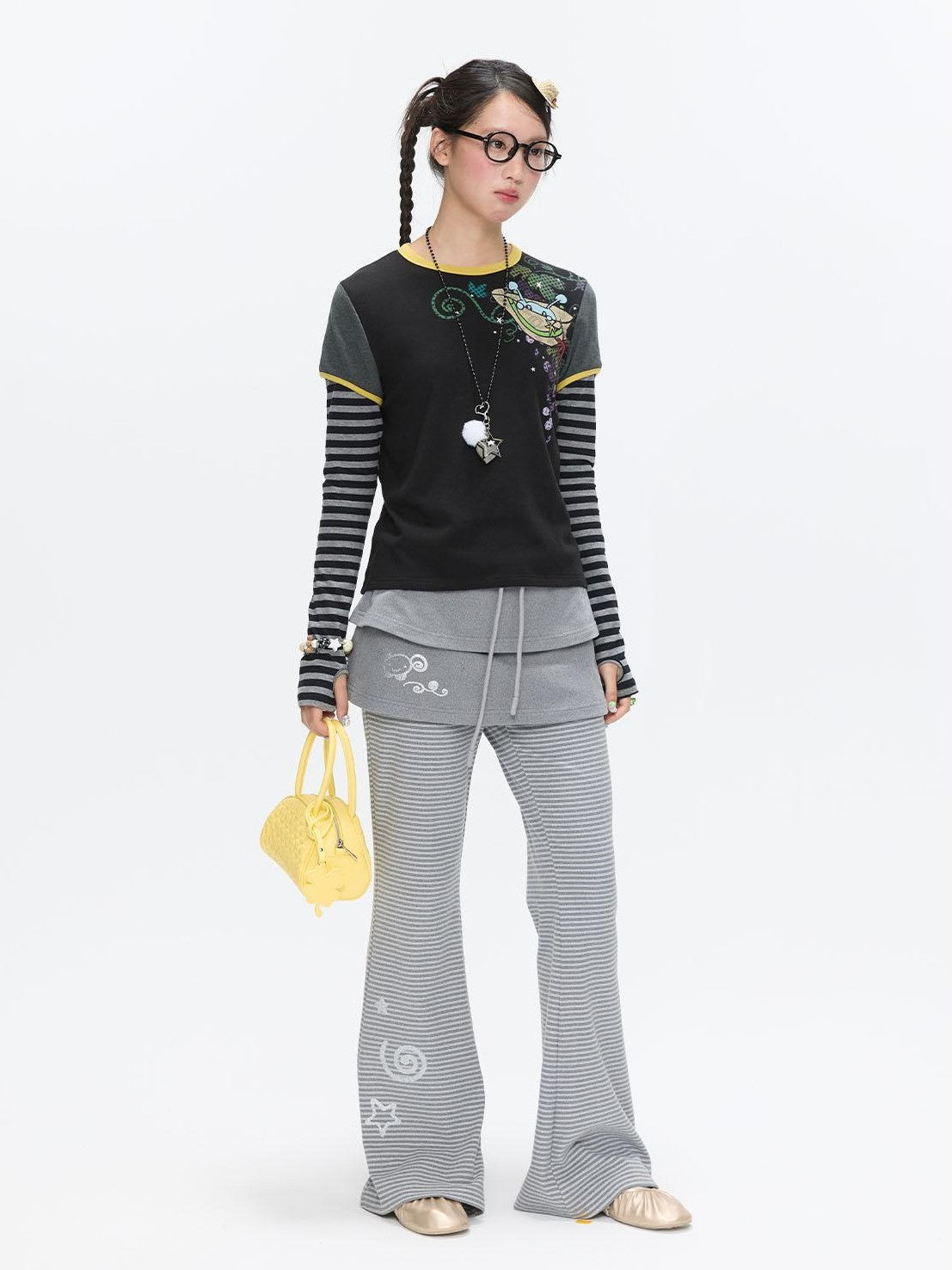 BETWEENAND Striped Tiered Printed Micro Flare Women&
