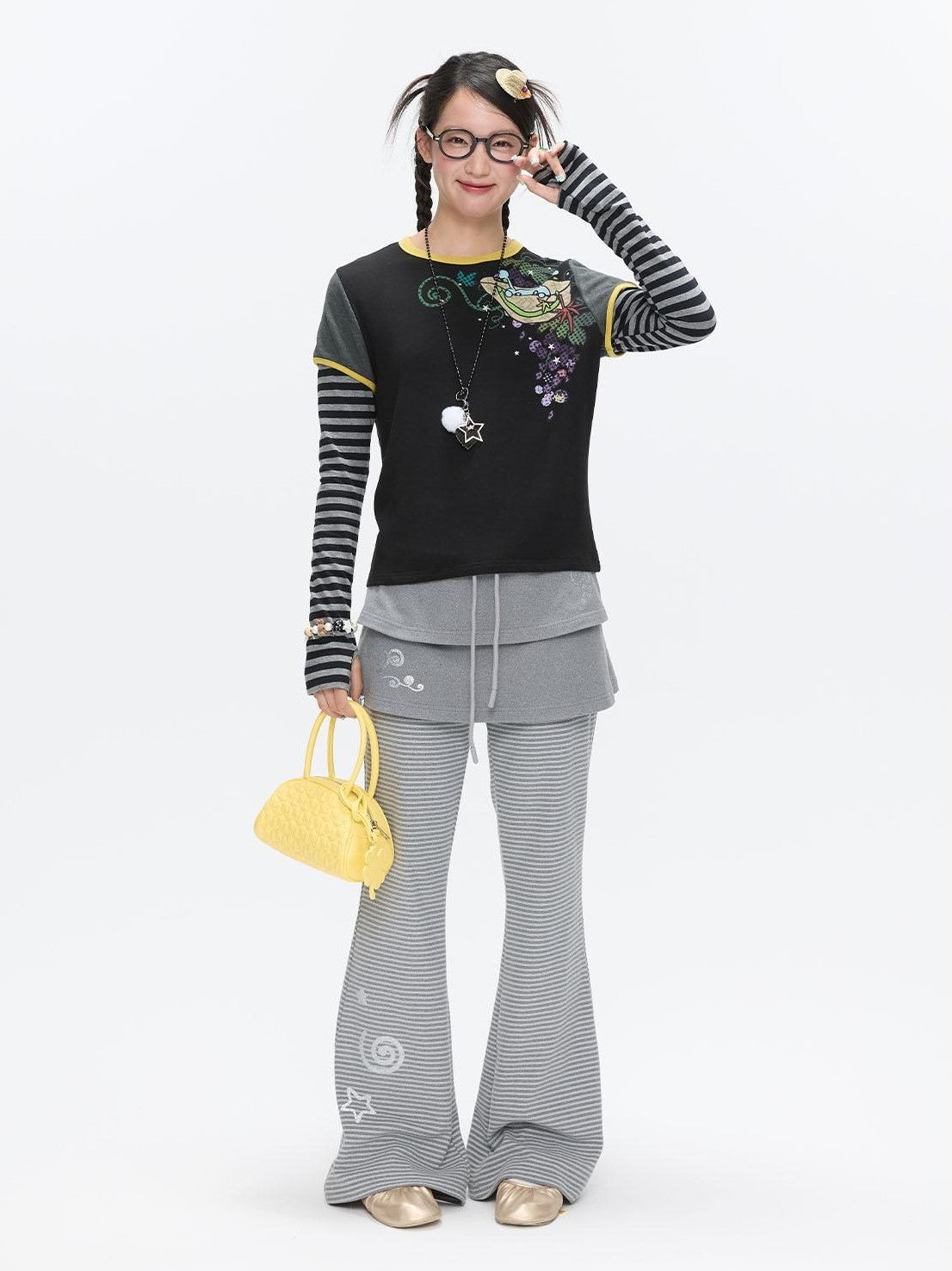 BETWEENAND Striped Tiered Printed Micro Flare Women&