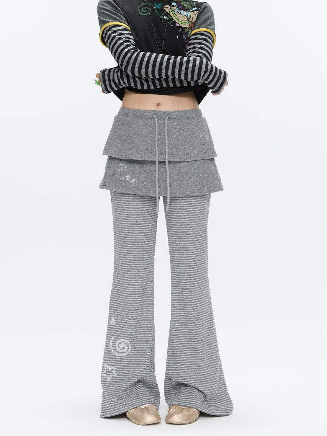 BETWEENAND Striped Tiered Printed Micro Flare Women&