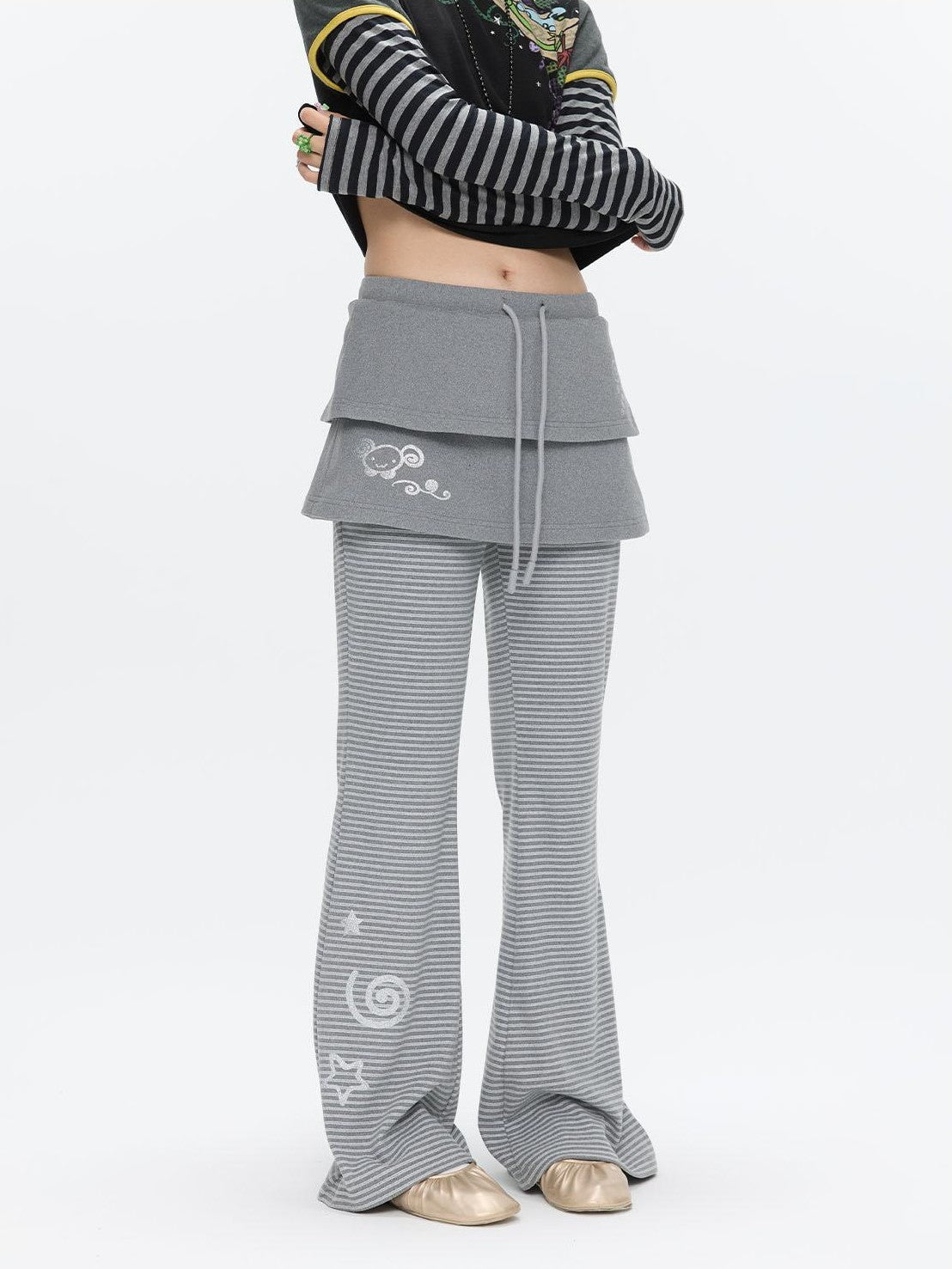 BETWEENAND Striped Tiered Printed Micro Flare Women&