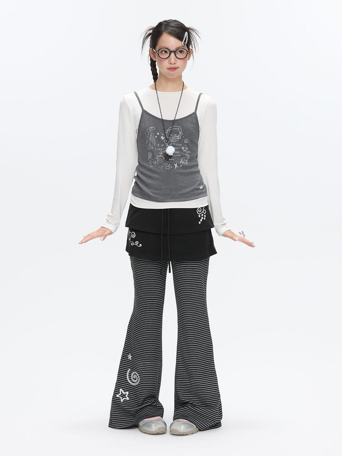 BETWEENAND Striped Tiered Printed Micro Flare Women&
