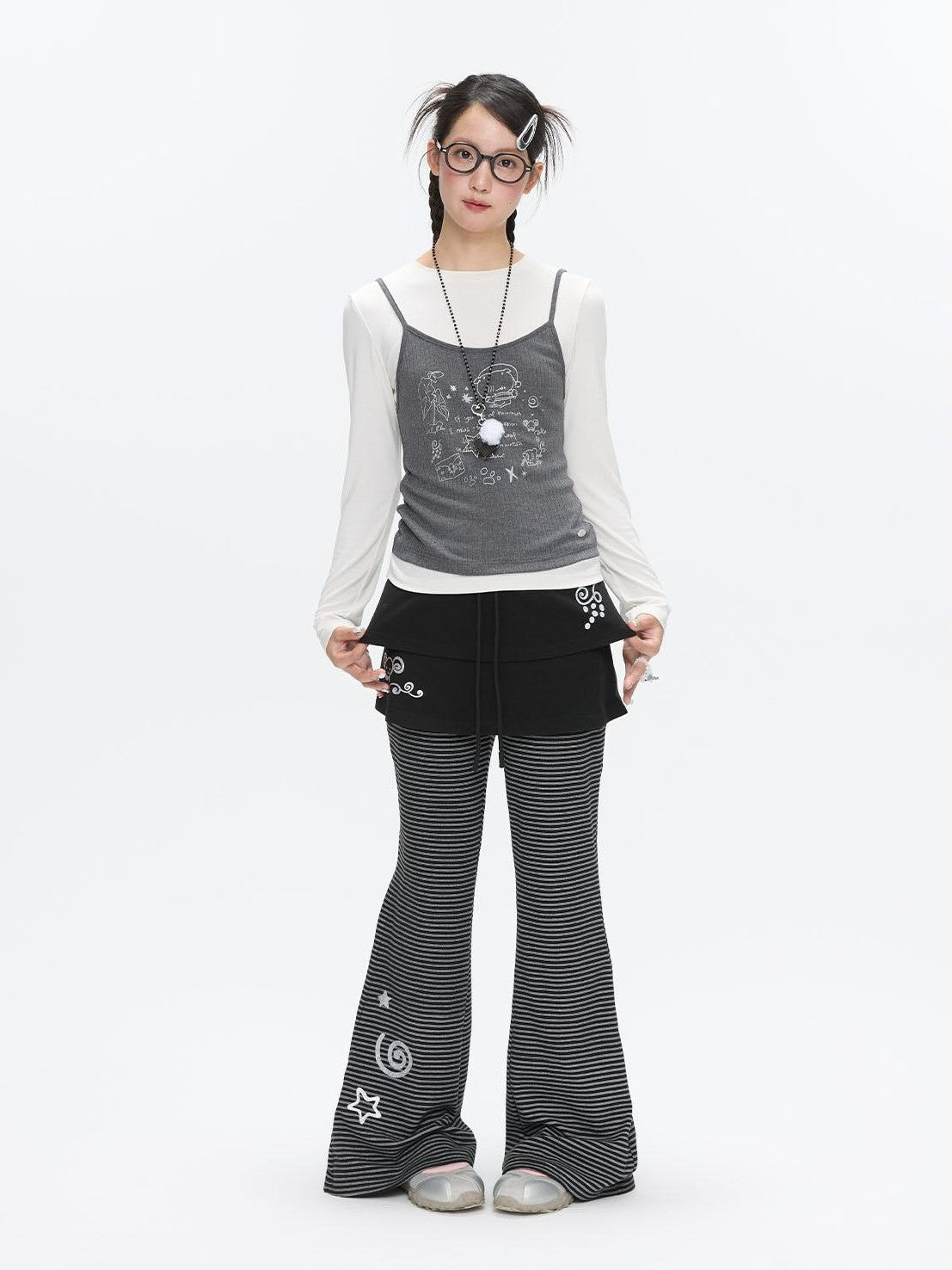 BETWEENAND Striped Tiered Printed Micro Flare Women&
