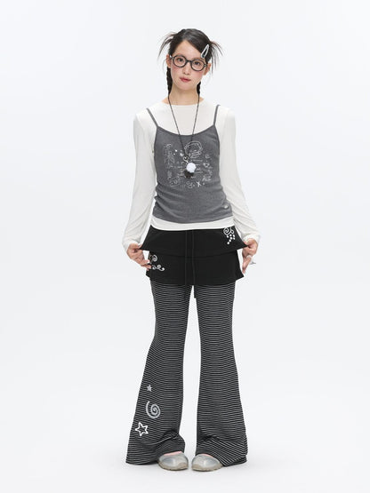 BETWEENAND Striped Tiered Printed Micro Flare Women&