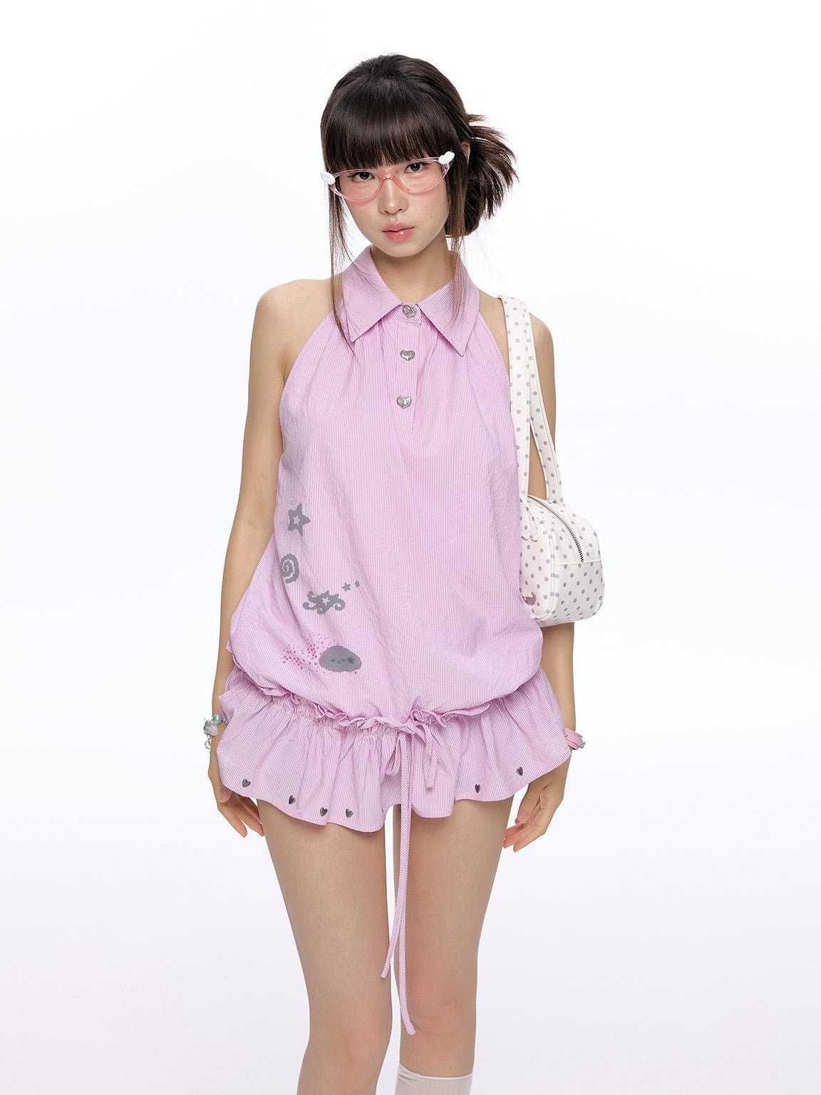 BETWEENAND Suiso Pink Island Print Sleeveless Lapel Women&