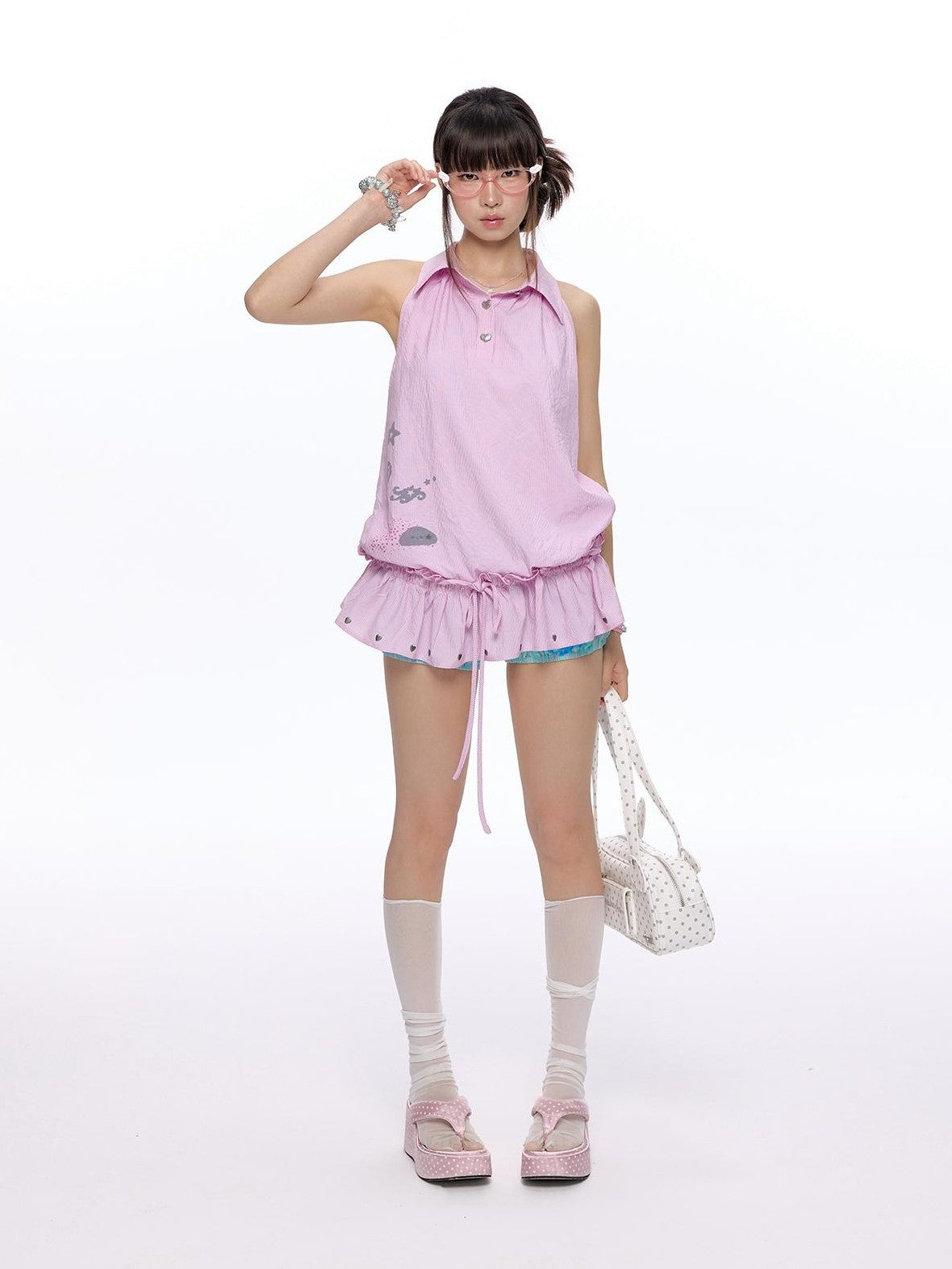 BETWEENAND Suiso Pink Island Print Sleeveless Lapel Women&