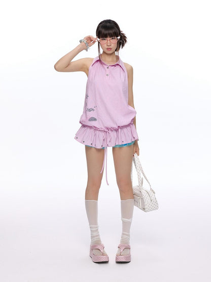 BETWEENAND Suiso Pink Island Print Sleeveless Lapel Women&