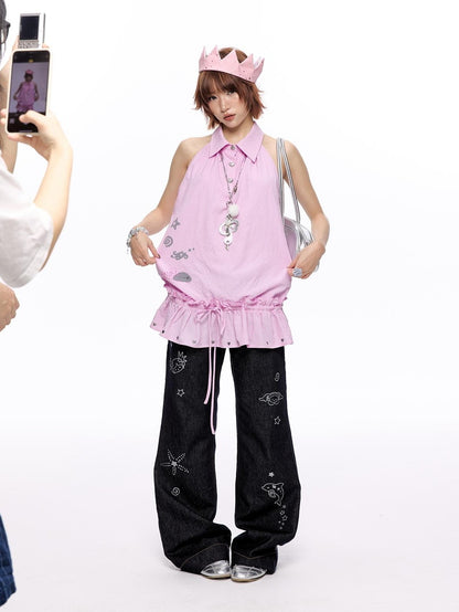 BETWEENAND Suiso Pink Island Print Sleeveless Lapel Women&