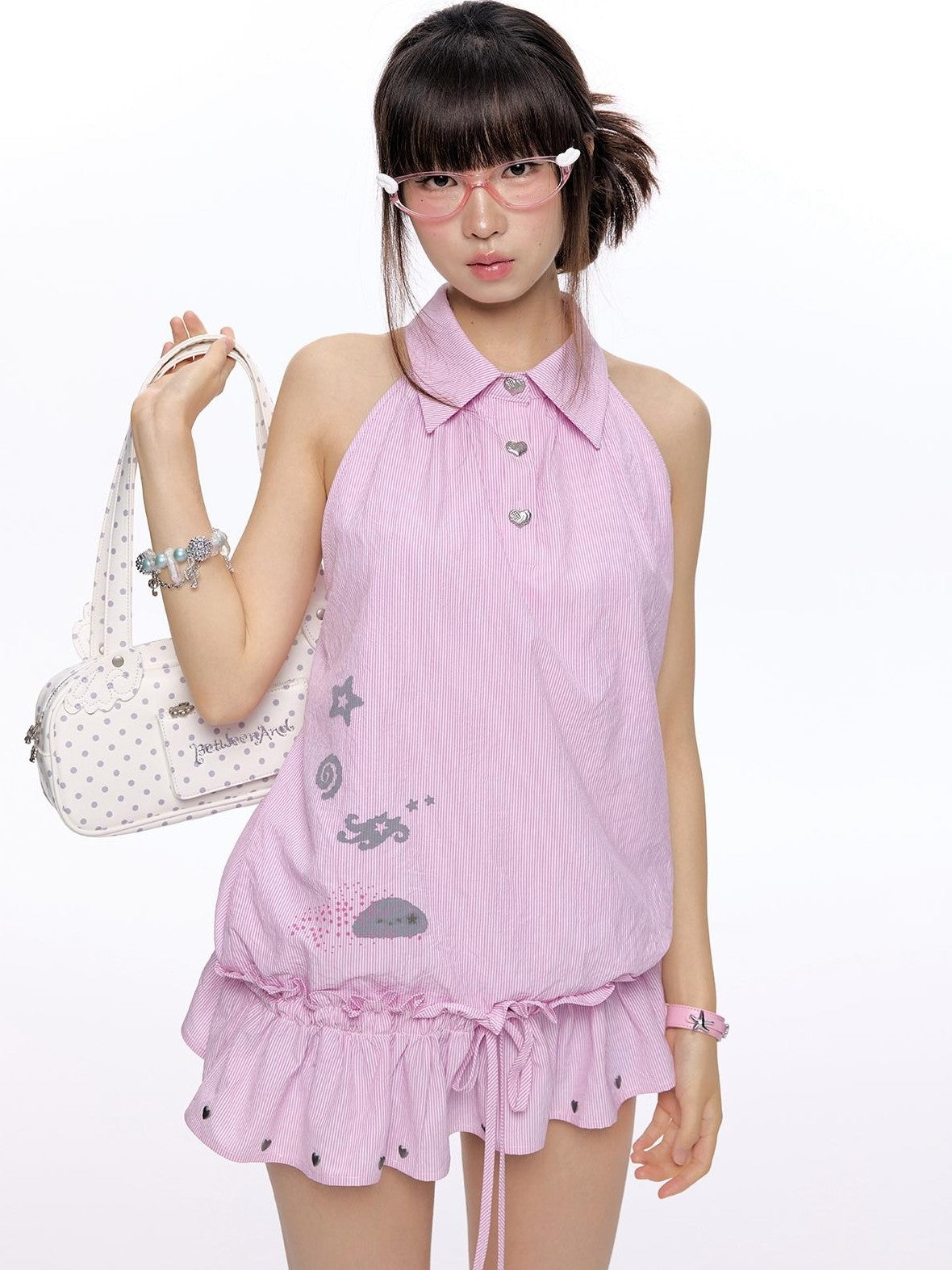 BETWEENAND Suiso Pink Island Print Sleeveless Lapel Women&