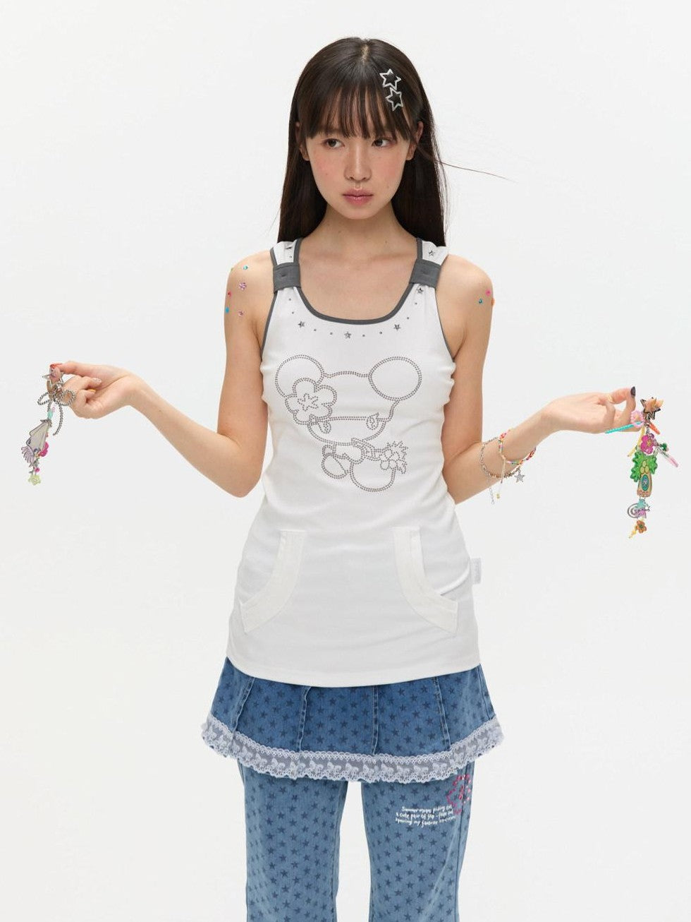 BETWEENAND Two Tone Beaded Faux Pocket Racerback Women&