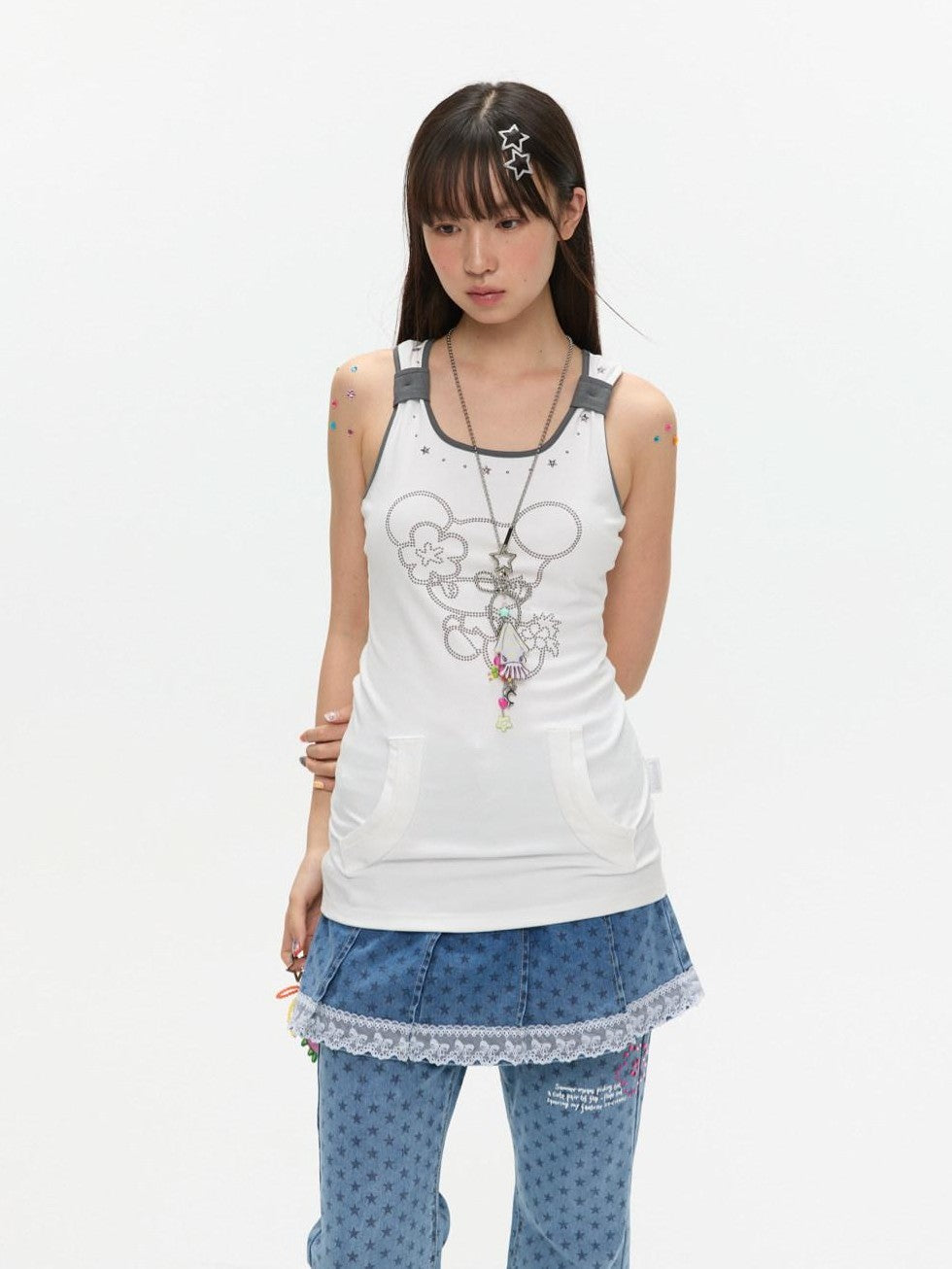 BETWEENAND Two Tone Beaded Faux Pocket Racerback Women&