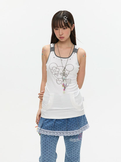 BETWEENAND Two Tone Beaded Faux Pocket Racerback Women&