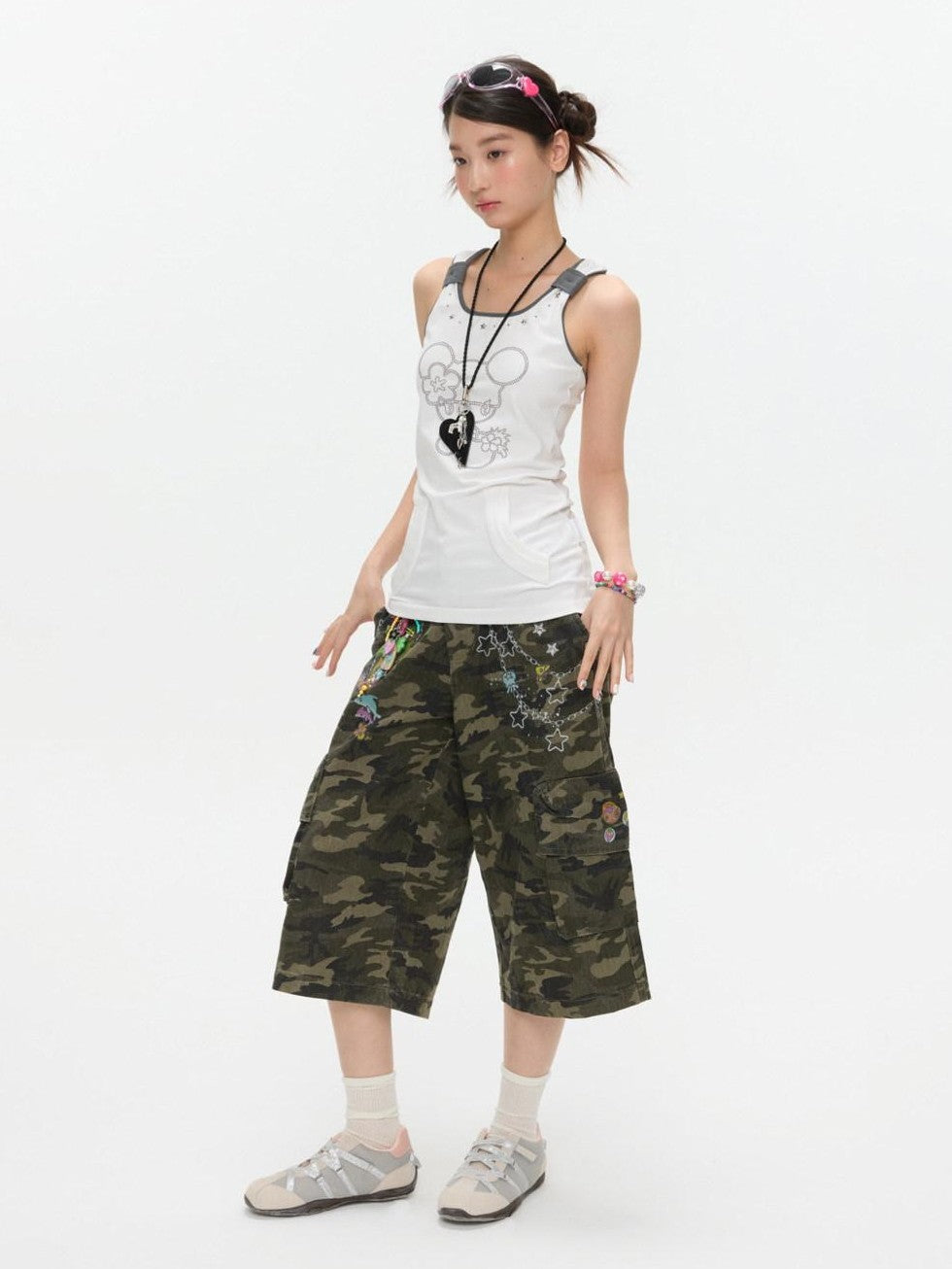 BETWEENAND Two Tone Beaded Faux Pocket Racerback Women&