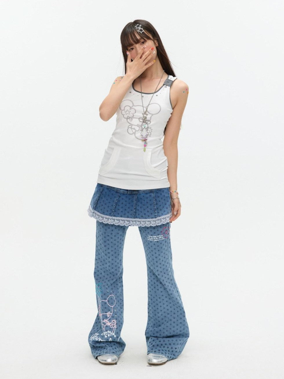 BETWEENAND Two Tone Beaded Faux Pocket Racerback Women&