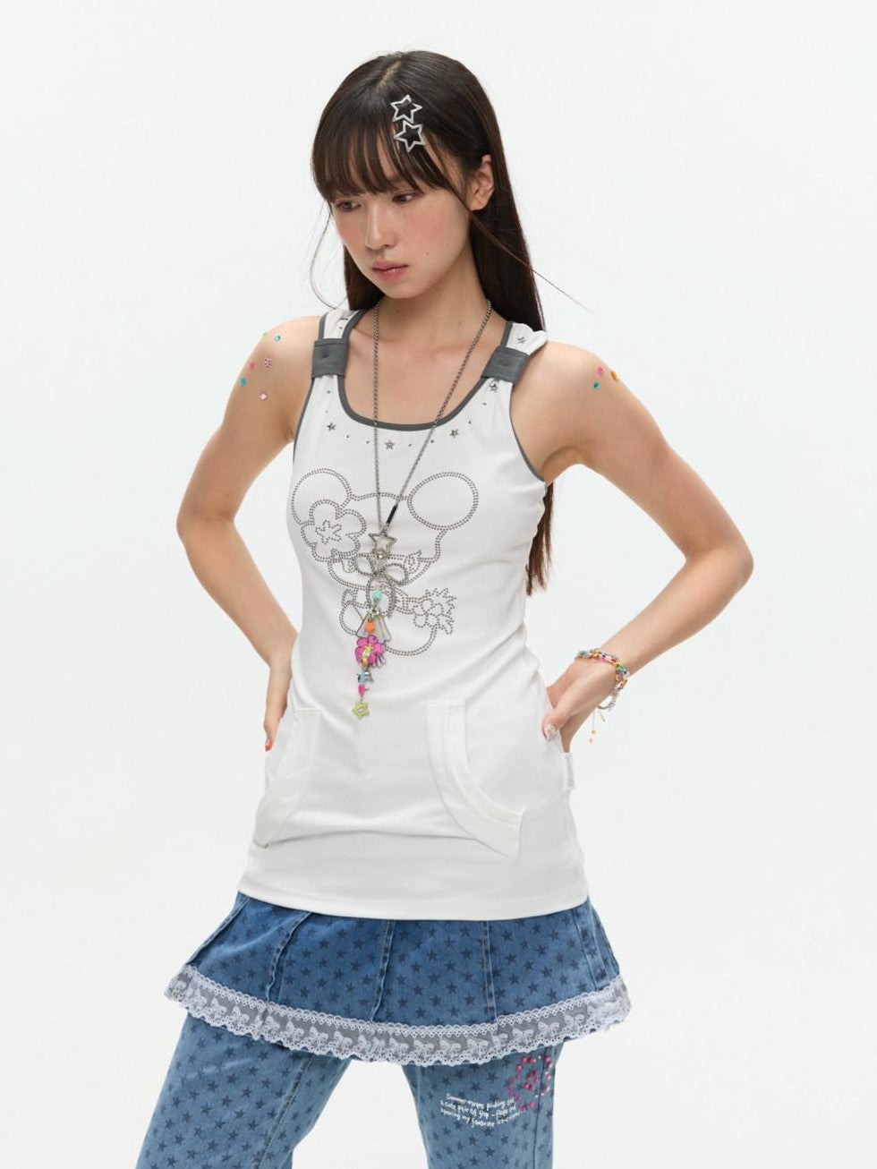 BETWEENAND Two Tone Beaded Faux Pocket Racerback Women&