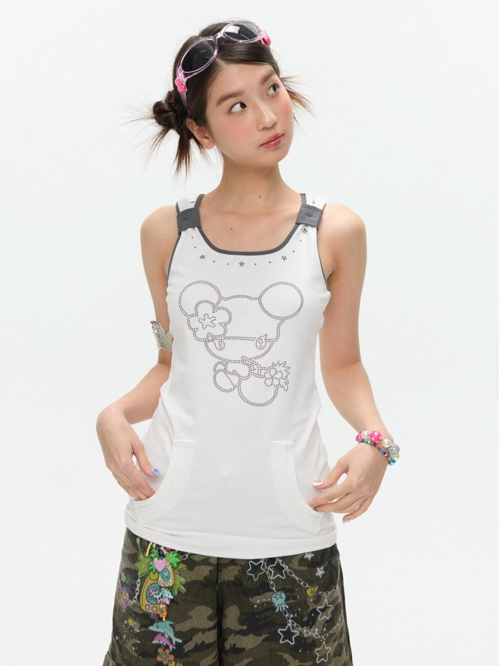 BETWEENAND Two Tone Beaded Faux Pocket Racerback Women&