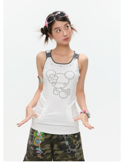 BETWEENAND Two Tone Beaded Faux Pocket Racerback Women&