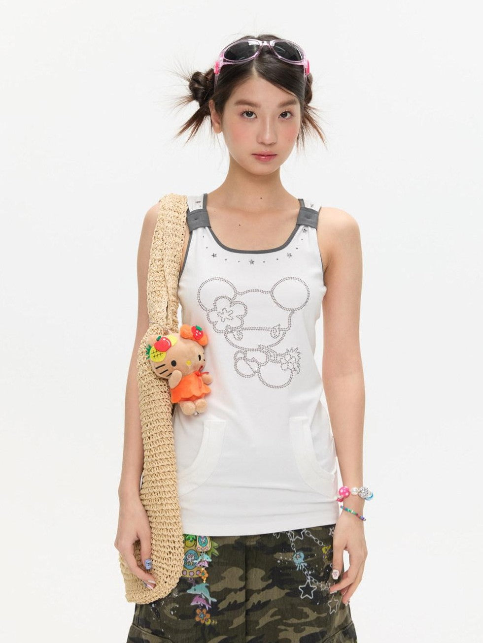 BETWEENAND Two Tone Beaded Faux Pocket Racerback Women&