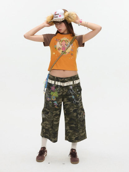 BETWEENAND Two Tone Colorblock Raglan Short Sleeve Print Women&
