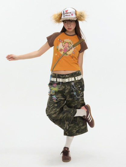 BETWEENAND Two Tone Colorblock Raglan Short Sleeve Print Women&