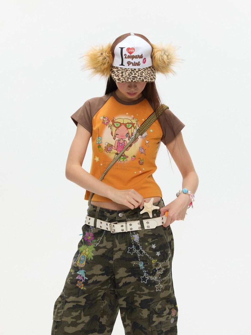 BETWEENAND Two Tone Colorblock Raglan Short Sleeve Print Women&