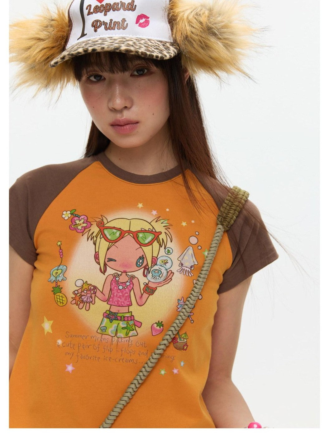 BETWEENAND Two Tone Colorblock Raglan Short Sleeve Print Women&