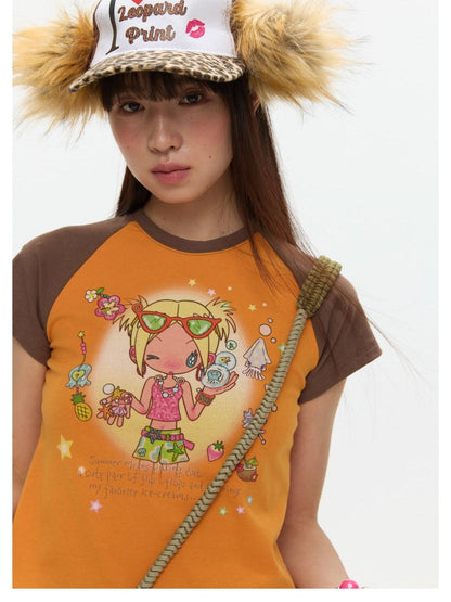 BETWEENAND Two Tone Colorblock Raglan Short Sleeve Print Women&