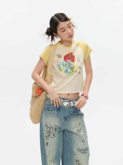 BETWEENAND Two Tone Colorblock Raglan Short Sleeve Print Women&