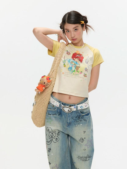 BETWEENAND Two Tone Colorblock Raglan Short Sleeve Print Women&