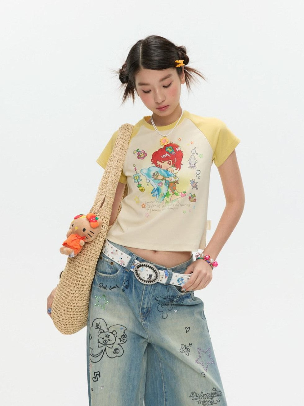 BETWEENAND Two Tone Colorblock Raglan Short Sleeve Print Women&