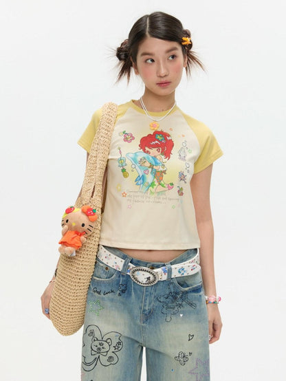 BETWEENAND Two Tone Colorblock Raglan Short Sleeve Print Women&