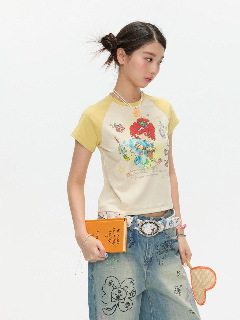 BETWEENAND Two Tone Colorblock Raglan Short Sleeve Print Women&