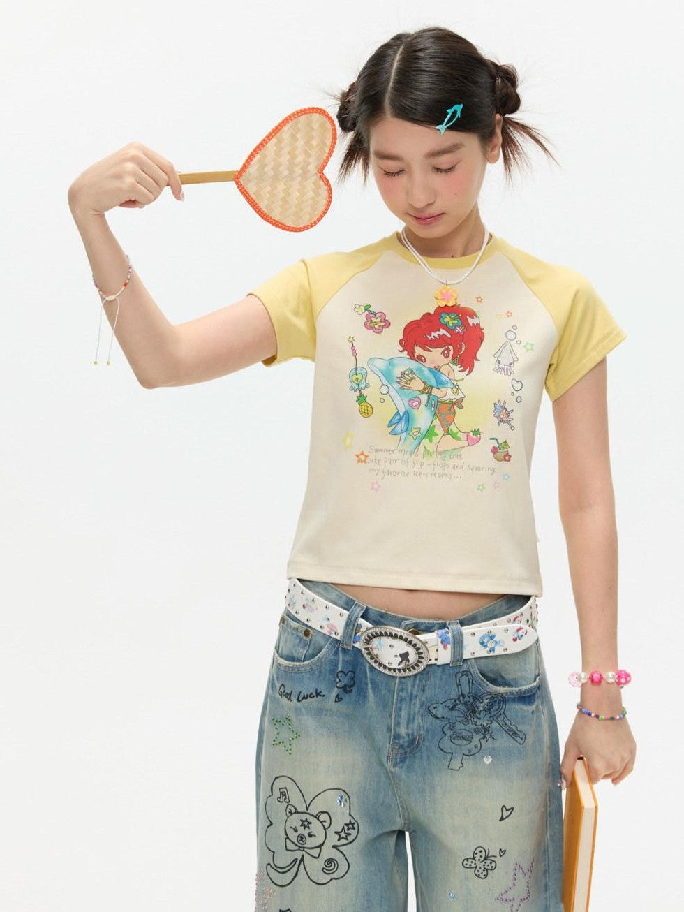 BETWEENAND Two Tone Colorblock Raglan Short Sleeve Print Women&
