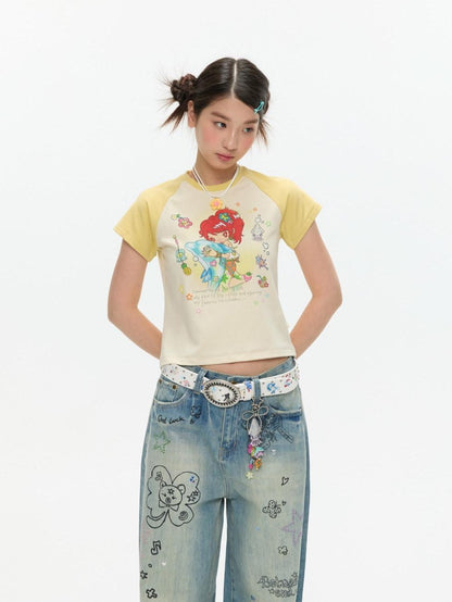 BETWEENAND Two Tone Colorblock Raglan Short Sleeve Print Women&