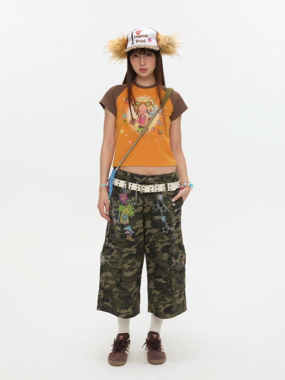 BETWEENAND Two Tone Colorblock Raglan Short Sleeve Print Women&
