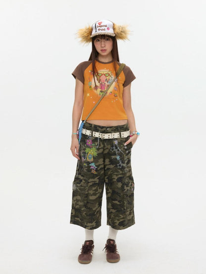 BETWEENAND Two Tone Colorblock Raglan Short Sleeve Print Women&