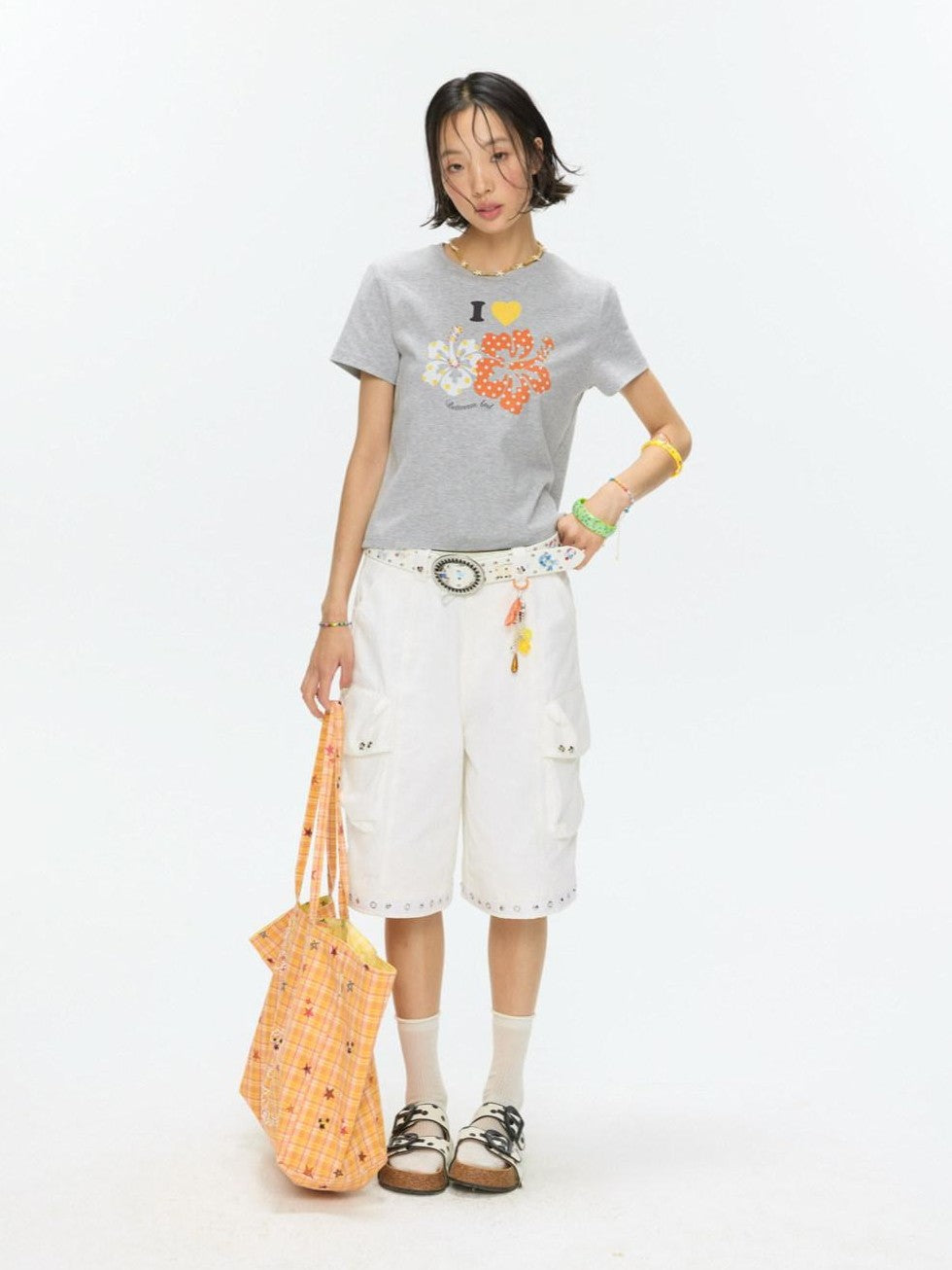 BETWEENAND Two Tone Floral Print Crewneck Short Sleeve Women&