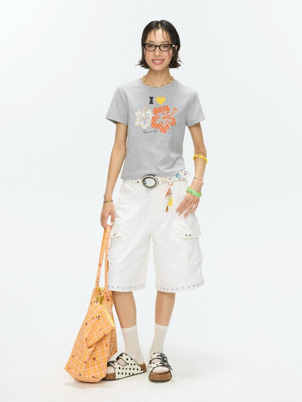 BETWEENAND Two Tone Floral Print Crewneck Short Sleeve Women&