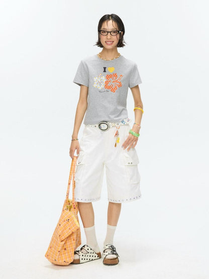 BETWEENAND Two Tone Floral Print Crewneck Short Sleeve Women&