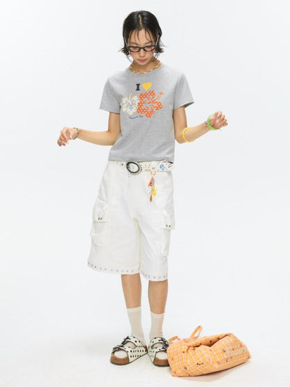 BETWEENAND Two Tone Floral Print Crewneck Short Sleeve Women&