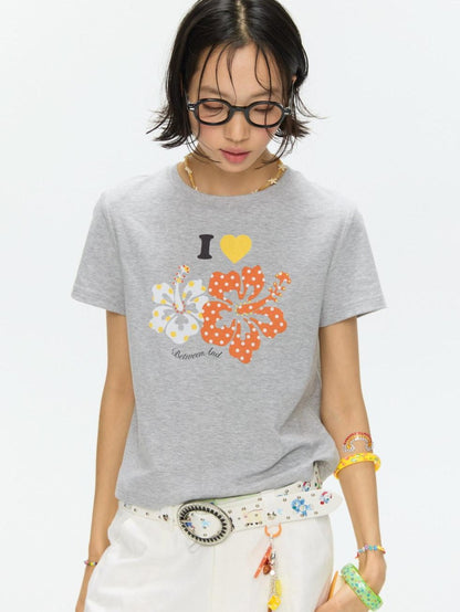 BETWEENAND Two Tone Floral Print Crewneck Short Sleeve Women&