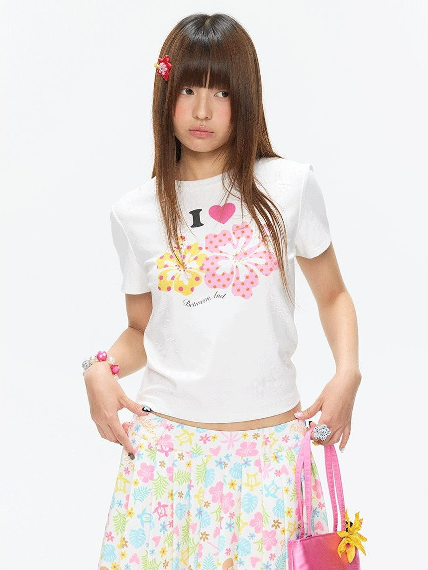 BETWEENAND Two Tone Floral Print Crewneck Short Sleeve Women&